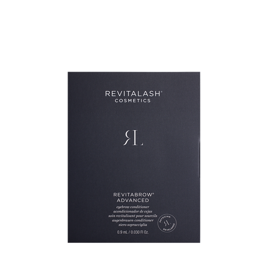 Dunkelblaue Probekarte des RevitaBrow® Advanced Eyebrow Conditioner von RevitaLash®.