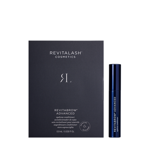 Dunkelblaue RevitaBrow® Advanced Probekarte neben dunkelblauer Mini-Tube.