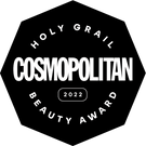 Logo des Cosmopolitan Holy Grail Beauty Award 2022 in weißer Schrift auf schwarzem Hintergrund.