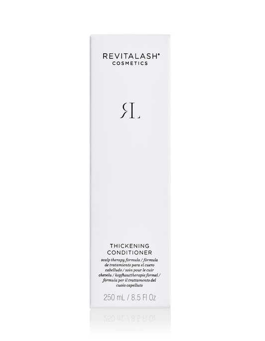 RevitaLash® Cosmetics Thickening Conditioner, 250 ml, in einer weißen Schachtel mit schwarzem Text und minimalistischem Design.