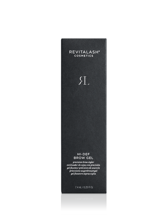 Schwarze Box des RevitaLash® Cosmetics Hi-Def Brow Gel, 7,4 ml, mit weißem Text.