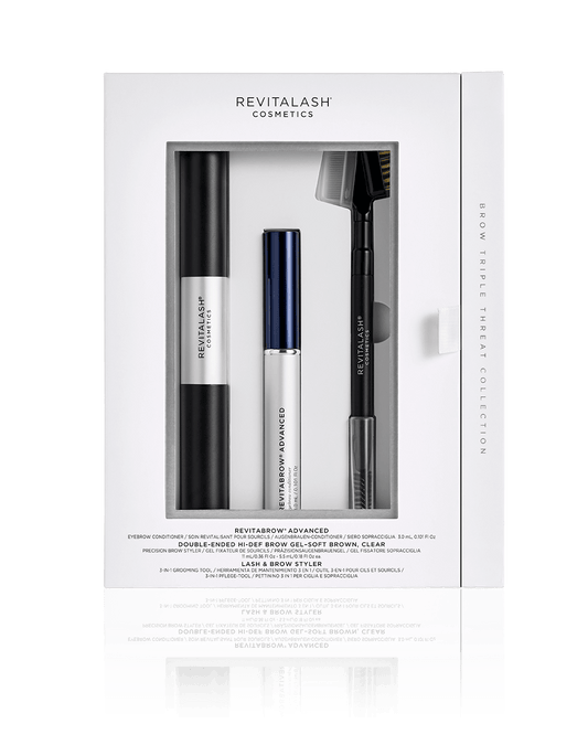RevitaLash Brow Triple Threat Set mit Serum, doppelseitigem Brow Gel in Soft Brown & Clear sowie 3-in-1 Styling Tool in Geschenkbox.