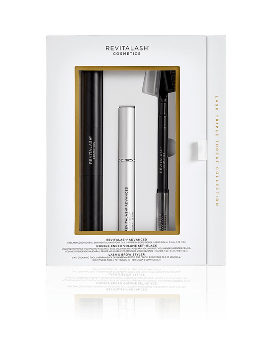 RevitaLash Lash Triple Threat Collection mit Wimpernserum, 2-in-1 Primer & Mascara sowie Styling-Tool für definierte, voluminöse Wimpern.