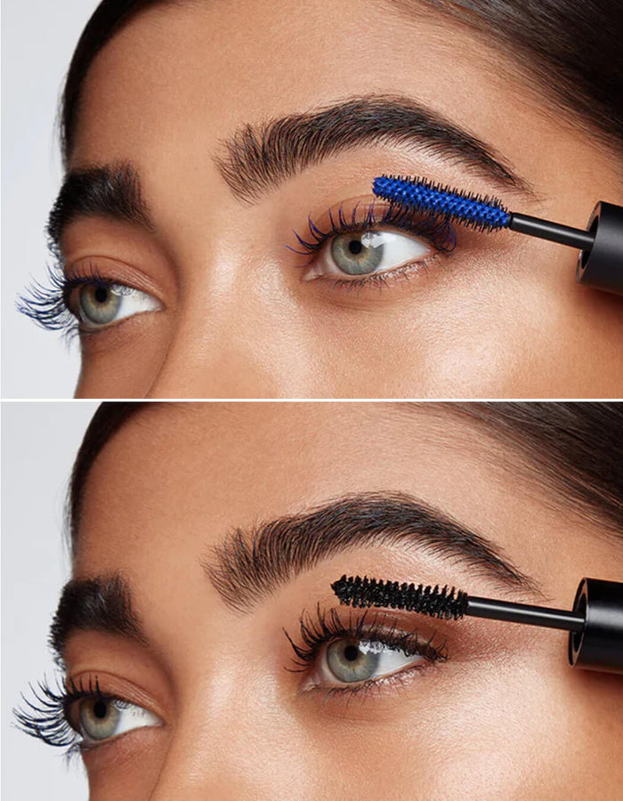 Oben: Auftrag von blauer Mascara für einen auffälligen Look.
Unten: Auftrag von schwarzer Mascara für ein klassisches Finish.