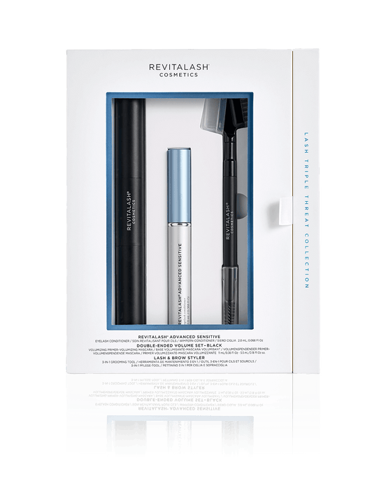RevitaLash Geschenkset für empfindliche Augen: Wimpernserum, doppelseitige Mascara & Primer sowie 3-in-1 Lash & Brow Styler in eleganter Box.