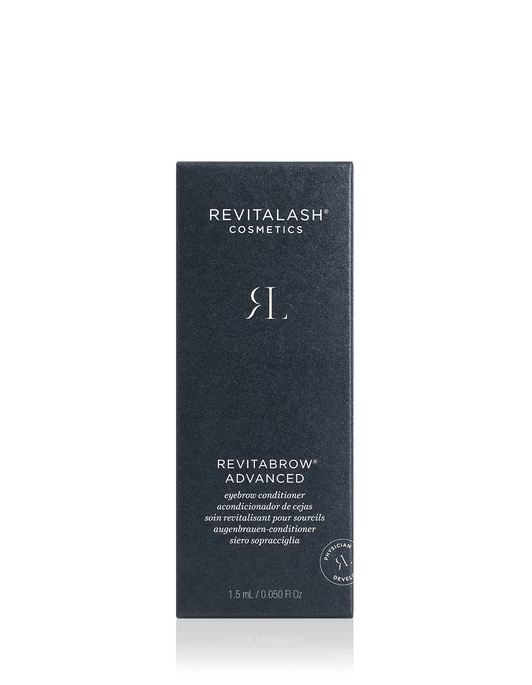 Dunkelblaue Box des RevitaLash® Cosmetics RevitaBrow® Advanced Eyebrow Conditioner, 1,5 ml, mit weißem Text.