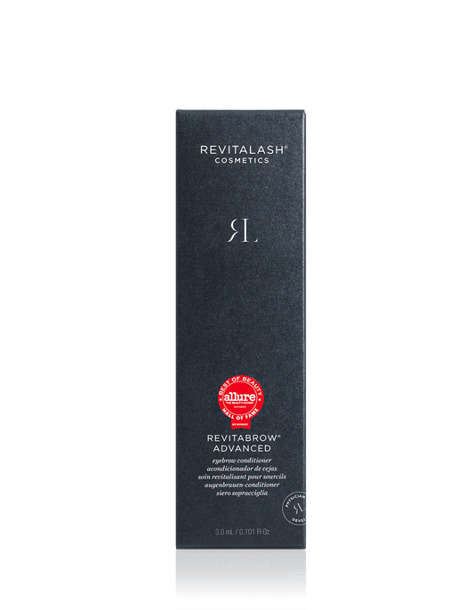Dunkelblaue Box des RevitaLash® Cosmetics RevitaBrow® Advanced Eyebrow Conditioner, 3 ml, mit weißem Text und rotem Allure