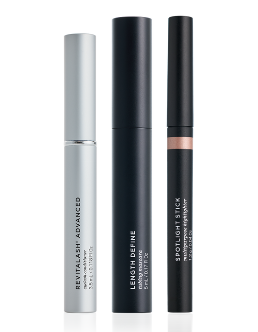 Drei aufrechte Kosmetiktuben aus der RevitaLash® Cosmetics Spotlight on Lashes RevitaLash® Advanced Spring Collection 2026.