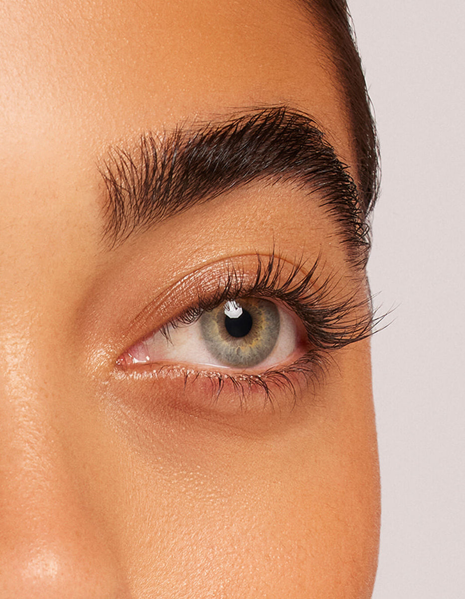 Nahaufnahme des blauen Auges einer Person mit langen geschwungenen Wimpern und einer gepflegten Augenbraue.
