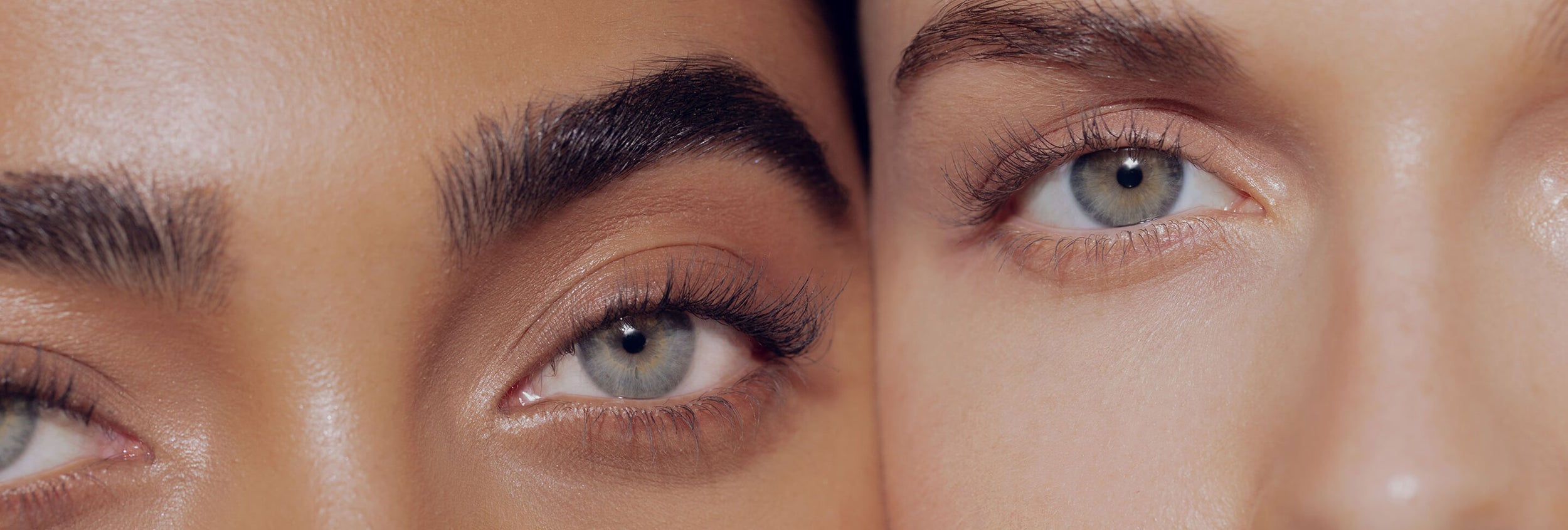 Nahaufnahme zweier Gesichter nebeneinander, mit Fokus auf ihren blauen Augen und gepflegten Augenbrauen.