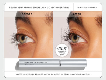 Nahaufnahme der Augen vor und nach der Verwendung von RevitaLash Advanced; die Wimpern erscheinen nach 16 Wochen länger und geschwungener.