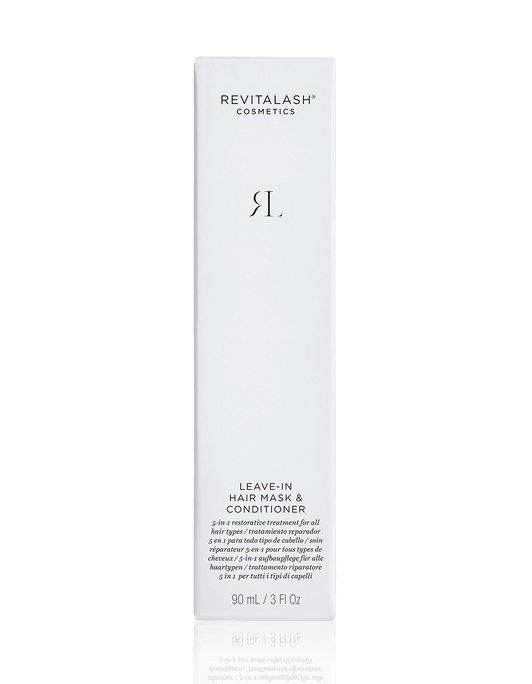 Eine weiße Schachtel mit RevitaLash Germany Leave-In Hair Mask & Conditioner, 90 ml, steht aufrecht auf weißem Hintergrund.