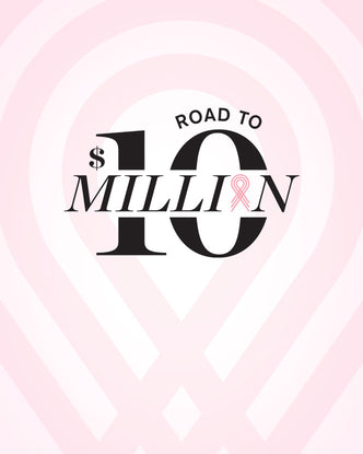 Der Text lautet „Road to $10 Million“ mit einer rosa Brustkrebsschleife als O in Million auf einem blassrosa Hintergrund.