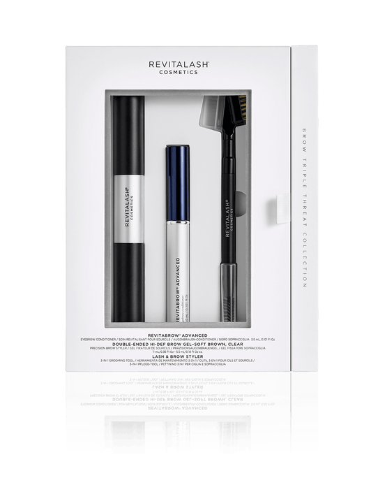 RevitaLash Brow Triple Threat Set mit Serum, doppelseitigem Brow Gel in Soft Brown & Clear sowie 3-in-1 Styling Tool in Geschenkbox.