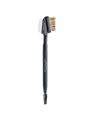 Der RevitaLash® Cosmetics Lash & Brow Styler ist ein Werkzeug mit zwei Enden, einer Spoolie-Bürste, einem Metallkamm und einer Bürste mit goldenen Borsten an einem schwarzen Griff für präzises Pflegen.