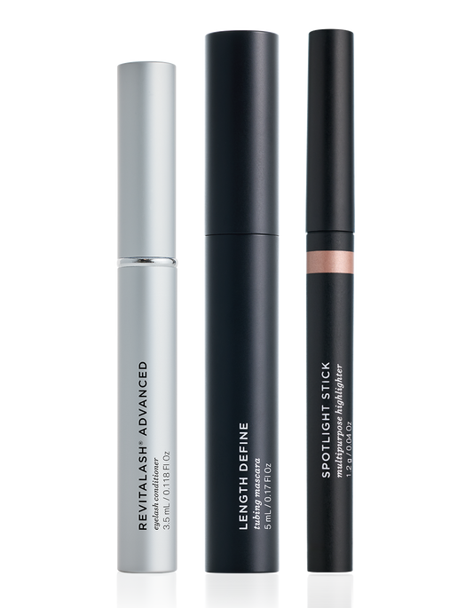 Drei aufrechte Kosmetiktuben aus der RevitaLash® Cosmetics Spotlight on Lashes RevitaLash® Advanced Spring Collection 2026.